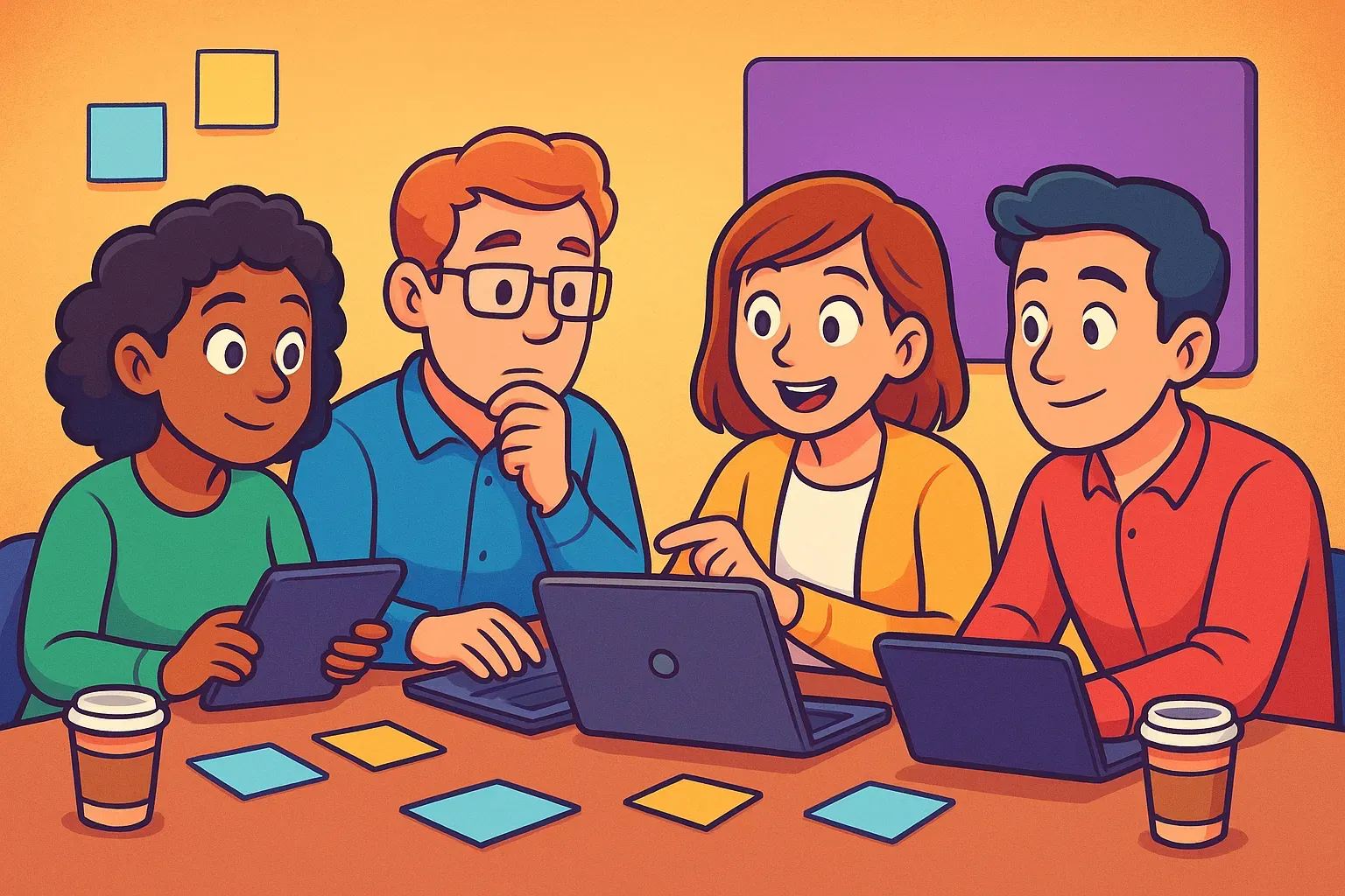 Illustration of four teachers planning together around laptops, a tablet, sticky notes, and coffee cups.
