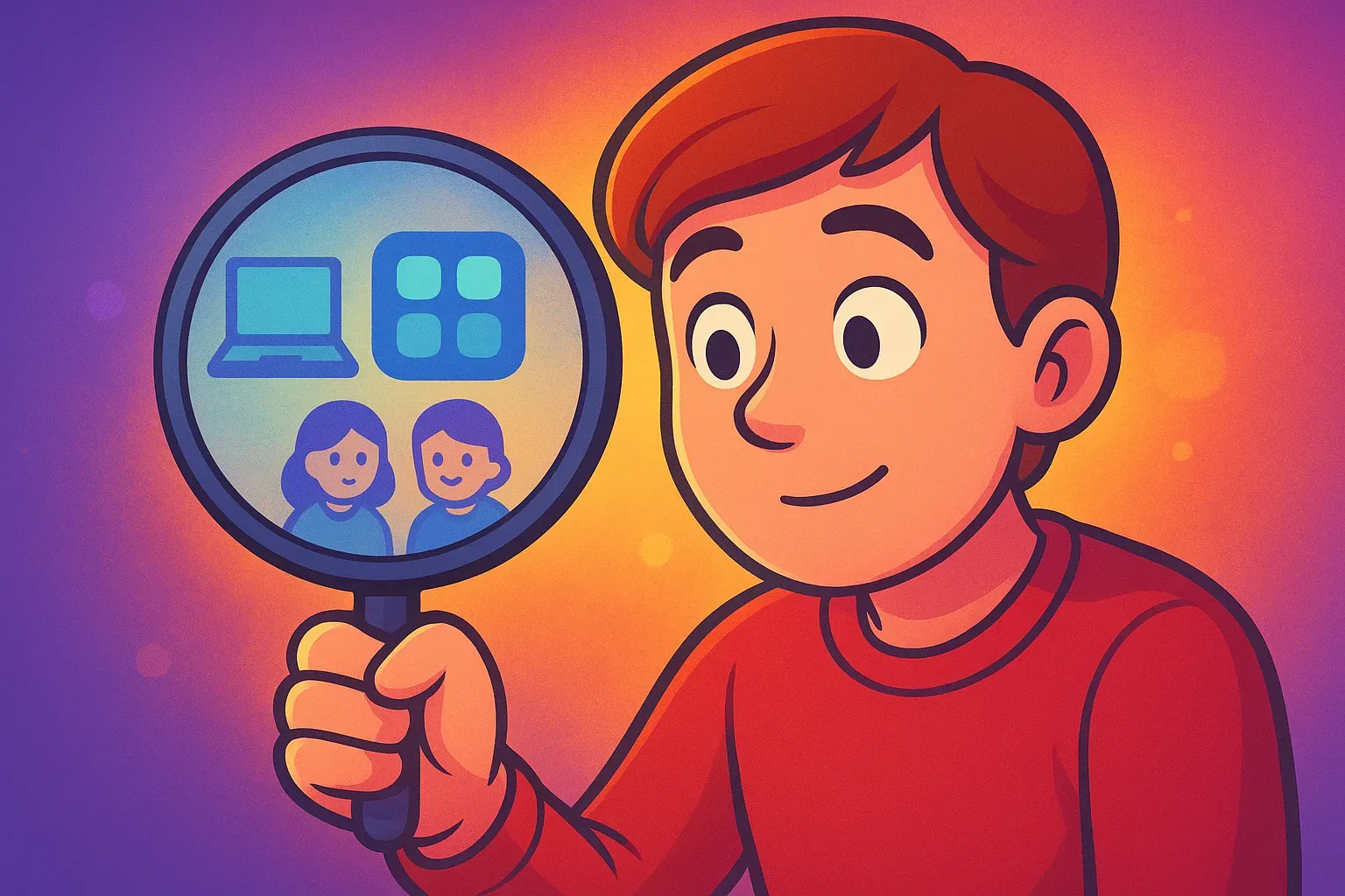 Illustration of a teacher holding up a magnifying glass that reveals a laptop, an app icon, and two students.