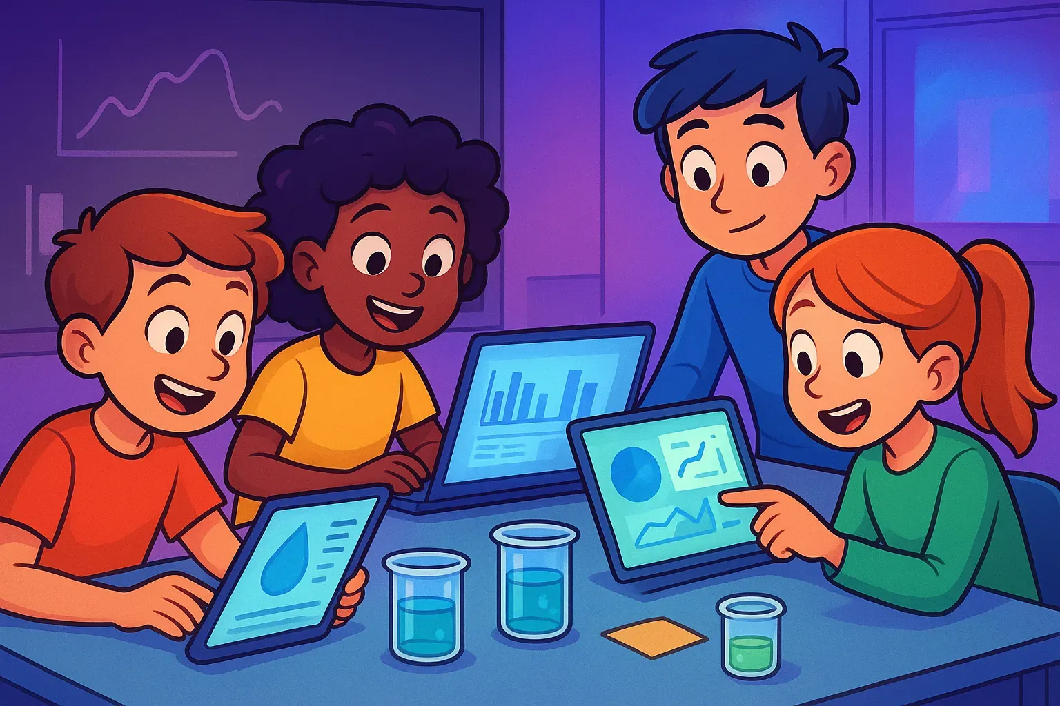 Illustration of students and a teacher using tablets and a laptop full of data charts to study beakers of water.