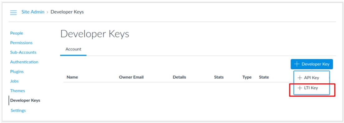 Canvas Site Admin, Developer Keys: the + Developer Key menu is open with + LTI Key highlighted
