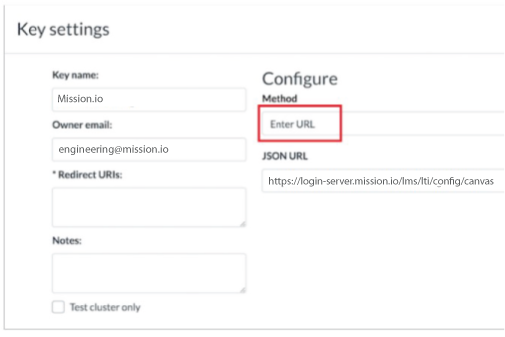 Canvas Key settings: Method set to Enter URL, with the Mission.io key name, owner email, and JSON URL filled in