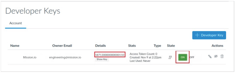 Canvas Developer Keys list: the new Mission.io key’s Client ID in the Details column and its state set to ON, both highlighted
