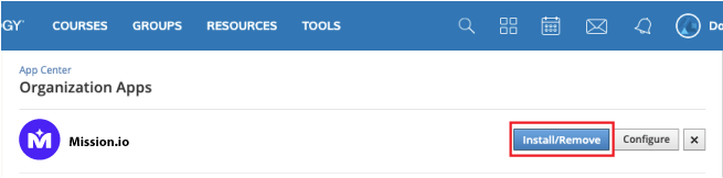Schoology Organization Apps: the Install/Remove button beside Mission.io, highlighted