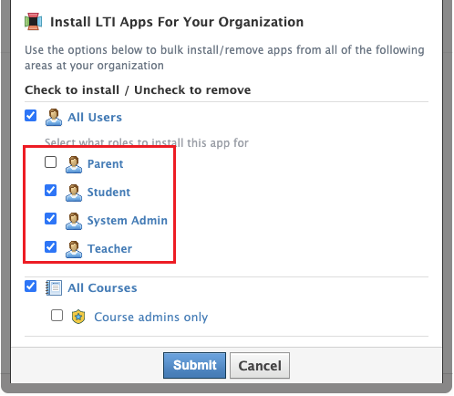 Schoology install options: Student, System Admin, and Teacher checked, Parent unchecked, and All Courses checked